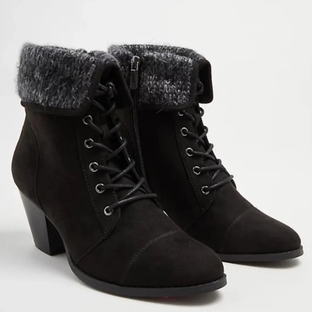 SWEATER HEEL BOOTIE - BLACK FAUX SUEDE in size 12 wide width